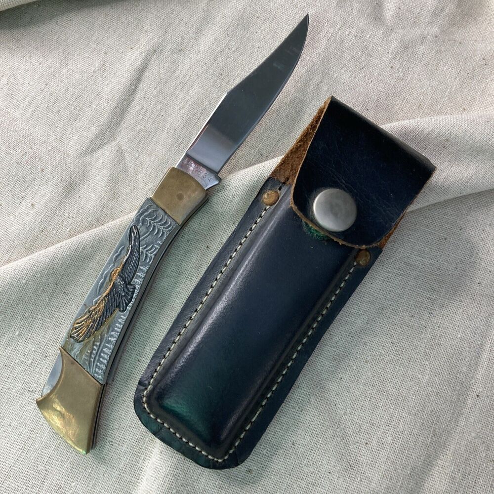 American  Flying Eagle 8” Pocketknife With Leather Sheath Japan Pakistan